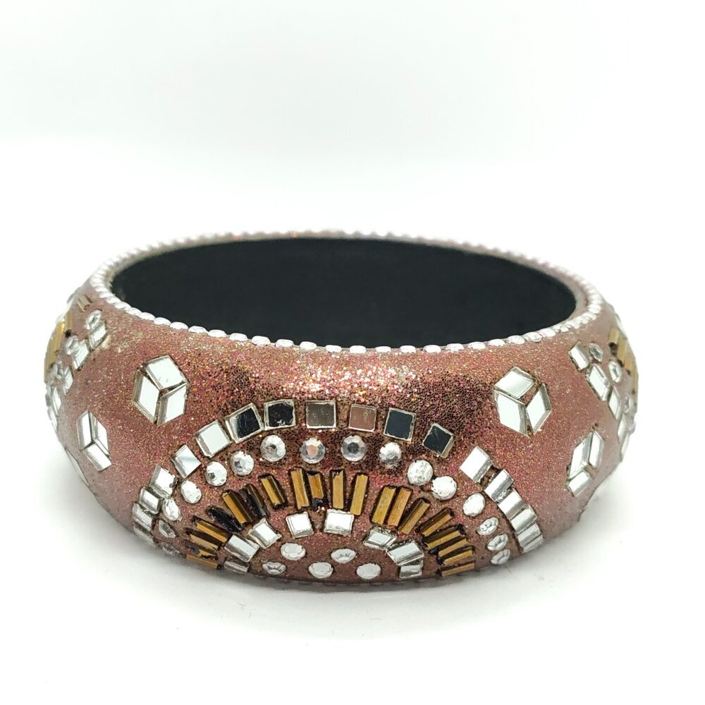 Brown Glitter Mirror Beaded Curved Bangle Bracelet